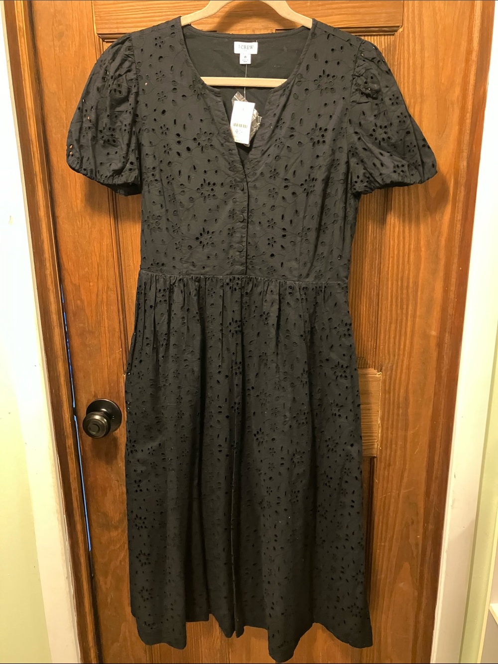 J. Crew Factory Black Eyelet Midi Dress with Puff Sleeves